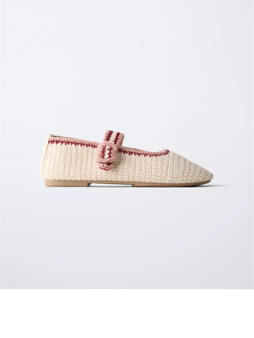 Zara Crochet Slip-On Flats in Cream with Burgundy & Pink Stripes